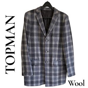 Topman Sharp! Gray/Black Plaid Wool Car Coat. Size 44. 6 pockets. New w/o tags!